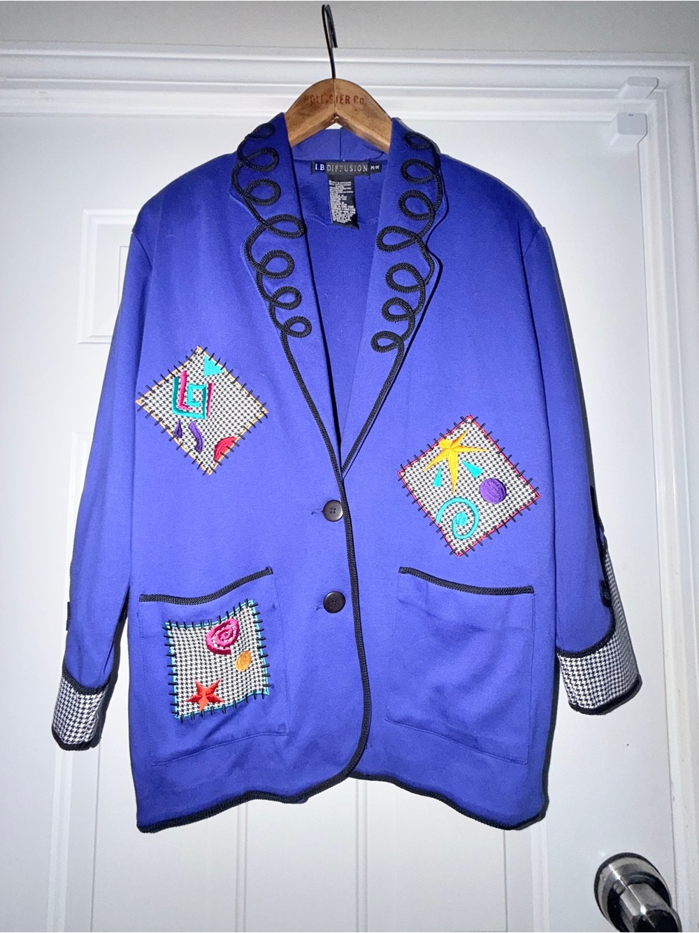 Vintage 1993 IB Diffusion Blazer M Wearable Art Embroidered Cobalt Blue